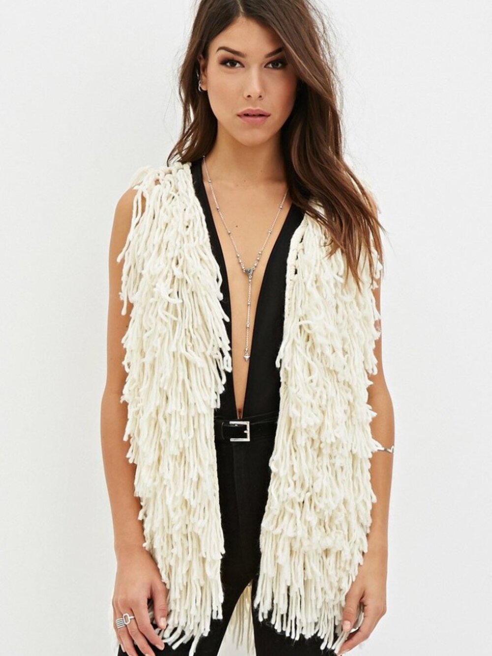 Forever 21 Cream Natural Knotted Fringe Vest S/M